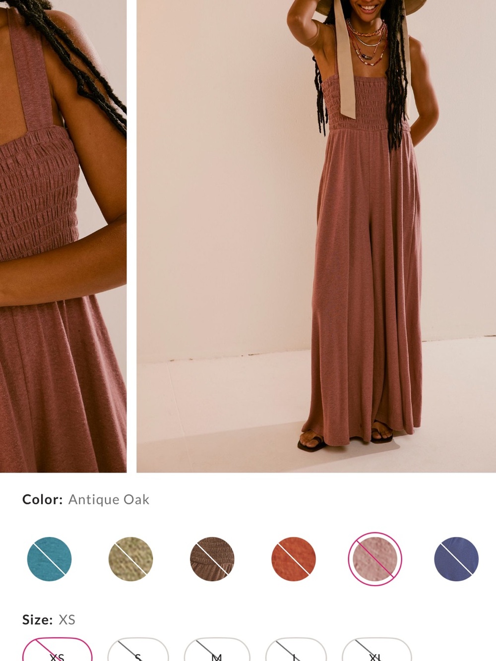 Free People Antique Oak Smocked-Strap Wide-Leg Jumpsuit